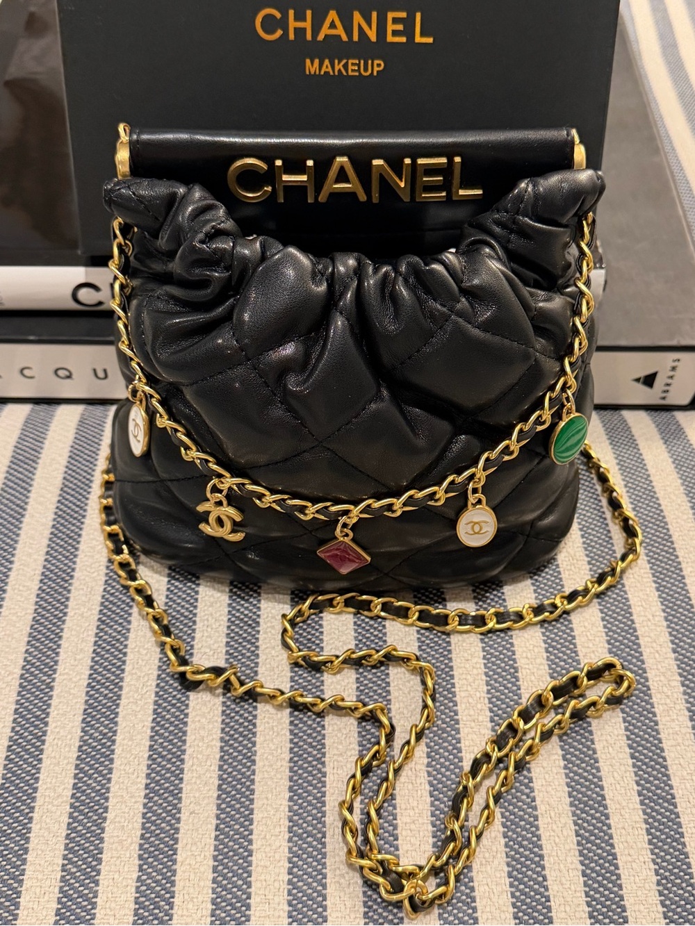 CHANEL Beaute VIP/GWP/ MAKEUP Quilted Crossbody Bag with Charms. Gold Chain.
